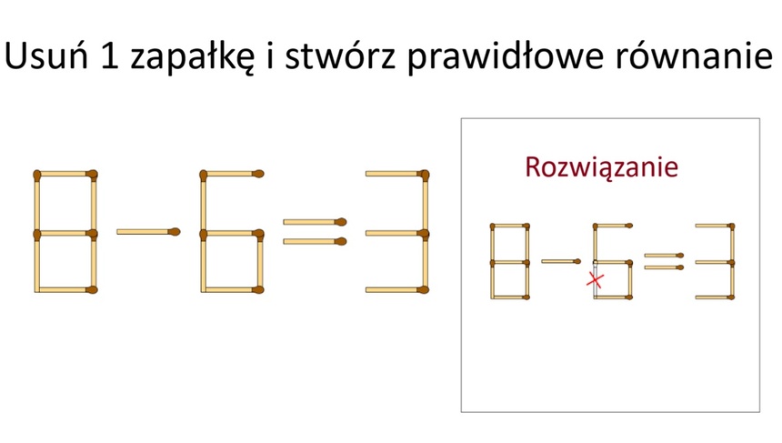 Usuń 1 zapałkę i utwórz równanie. Rozwiązanie